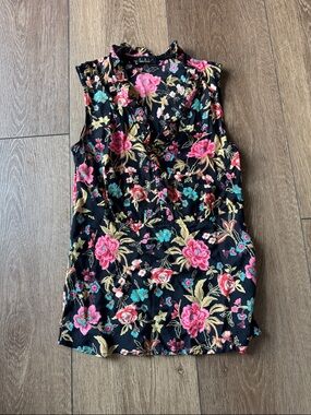 Floral V-Neck Sleeveless Camisole - Black with Pink & Teal Flowers